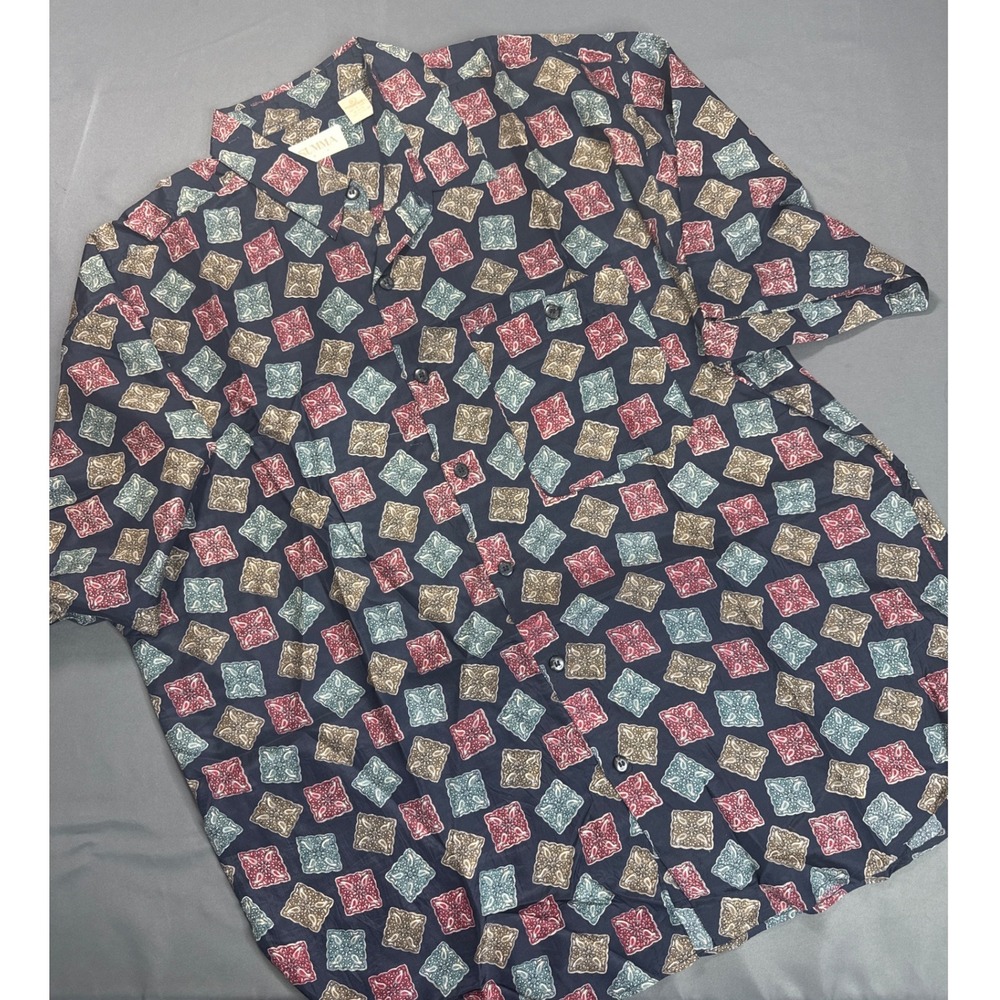 SUMMA Silk Vtg 90s Shirt XL Geometric Diamond Patchwork‎ Dadcore